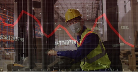 Image of statistics and data processing over biracial man working in warehouse