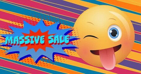 Image of massive sale text over speech bubbles and winking emoji on striped background