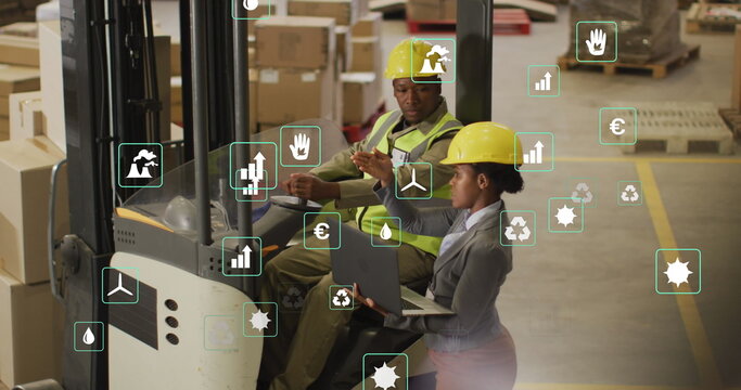 Image of eco icons and data processing over diverse people working in warehouse