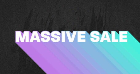 Image of retro massive sale white text with rainbow shadow over grey flickering background