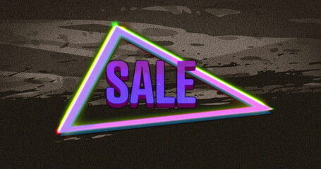 Image of retro sale purple text over neon triangle on distressed grey background