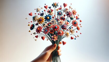 A close or medium shot of a hand holding a bouquet of whimsical, animated flowers with several small paper hearts attached to some of the stems. - obrazy, fototapety, plakaty