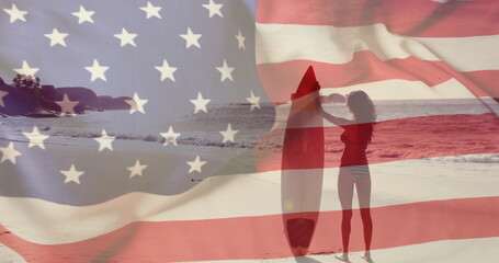 Image of flag of usa over caucasian woman on beach in summer