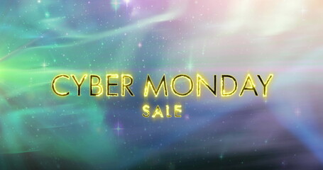 Image of cyber monday sale text on fire over glowing green to purple background