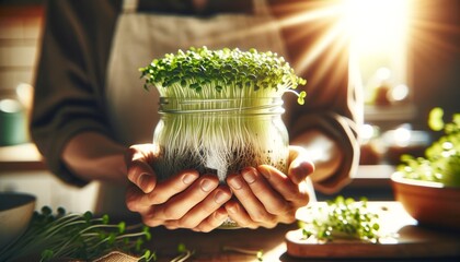 Hands holding a glass jar filled with freshly sprouted microgreens, with sunlight filtering through. - obrazy, fototapety, plakaty
