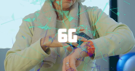 Image of 6g text over network of connections and woman using smartphone and smartwatch