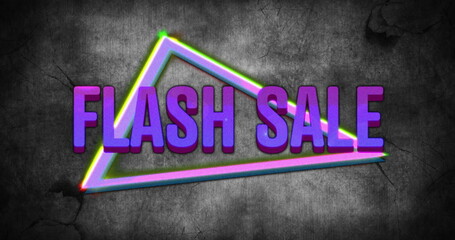 Image of retro flash sale purple text with neon triangles on grey distressed background