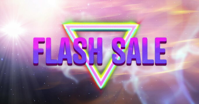 Image of retro flash sale text with glowing neon triangles and pink light trails in background - Powered by Adobe