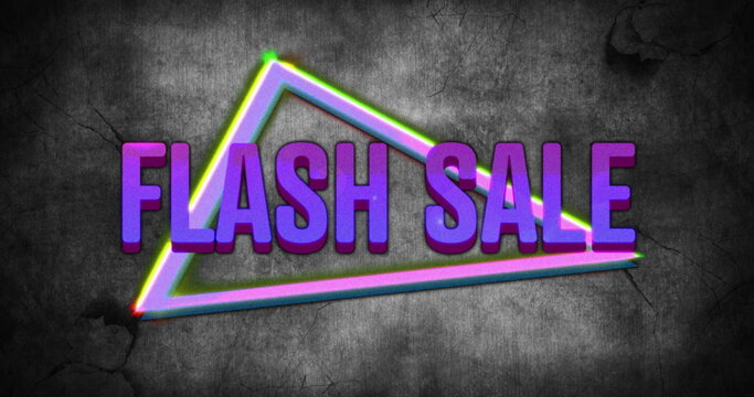 Image of retro flash sale purple text with neon triangles on grey distressed background - Powered by Adobe