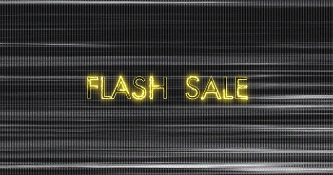Image of retro flash sale text in neon yellow on flickering lines on grey background - Powered by Adobe