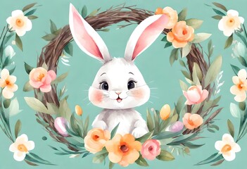 Happy Easter. Vector elegant trendy watercolor illustration of cute Easter bunny with floral wreath, Easter flowers, leaves and branches frame for greeting card, background-