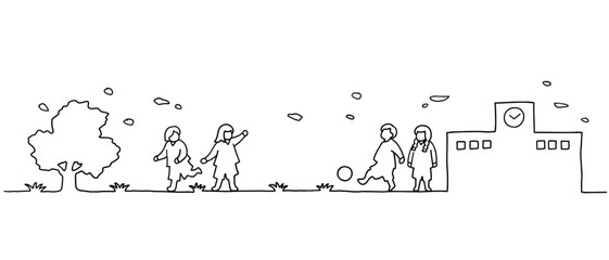 校庭でサッカーをして遊ぶ子供たちの線画イラスト　白黒 © 時々雨