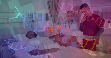 Image of dna strand over diverse male patient and doctors in hospital