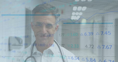 Image of data processing and statistics over male doctor with stethoscope