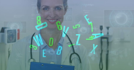 Image of numbers and letters changing and scopes on screens over female doctor with stethoscope