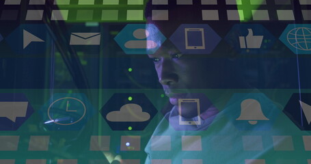 Image of icons over african american male server room worker