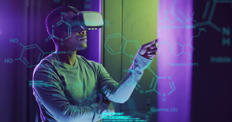Image of data processing over african american male server room worker using vr headset