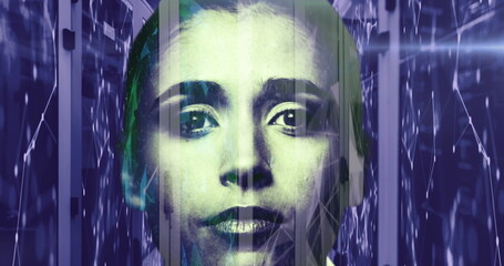Image of networks of connections over caucasian woman face and computer servers