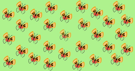 Image of sale text over butterflies moving in hypnotic motion on green background