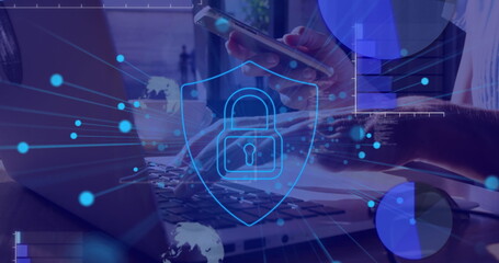 Image of digital icon and data processing over woman using smartphone and laptop