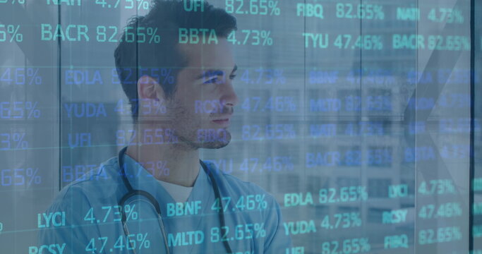 Image of data processing over male doctor with stethoscope