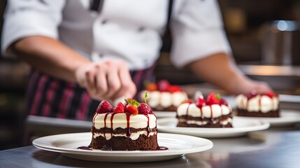 Chef cooking desserts in professional kitchen - obrazy, fototapety, plakaty