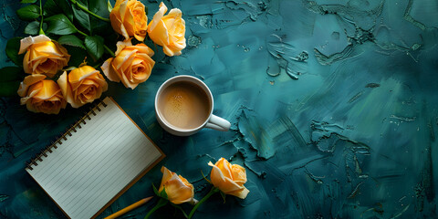 A cup of coffee with yellow flowers on a blue background, 
 - obrazy, fototapety, plakaty
