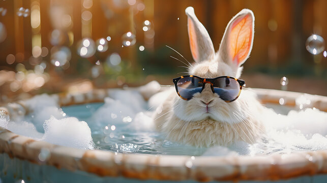 A cute white rabbit wearing sunglasses and sitting in a hot tub with bubbles, relaxed, playful, humorous