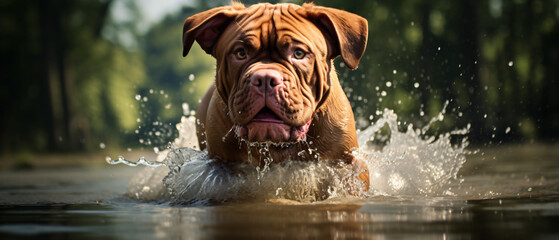 Dog - French Mastiff - playing in water. - obrazy, fototapety, plakaty