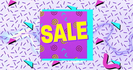 Digital image of sale text on purple banner against abstract colorful shapes on white background