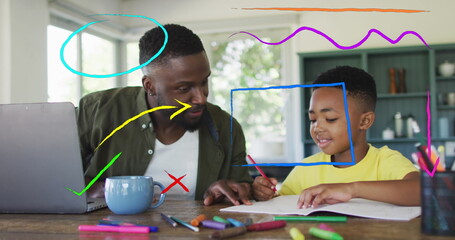 Image of shapes and arrows over happy african american father and son with laptop and homework