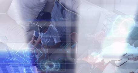 Image of diverse data over happy african american father and son wearing vr headsets