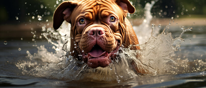 Dog - French Mastiff - playing in water.