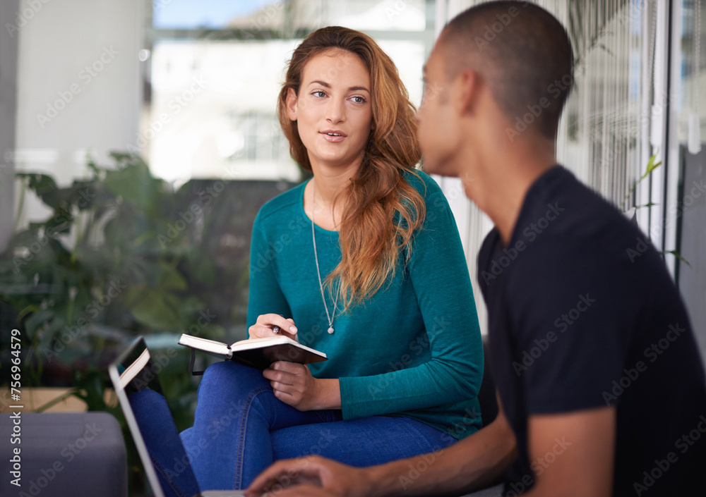 Poster students, laptop and notebook with discussion for research, university project or studying in worksp