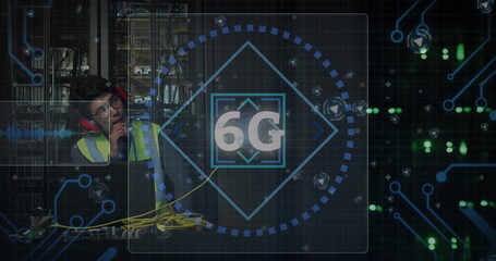 Image of data and 6g text over asian male it engineer with headphones by computer server