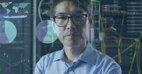 Image of data over portrait of asian male it engineer by computer servers
