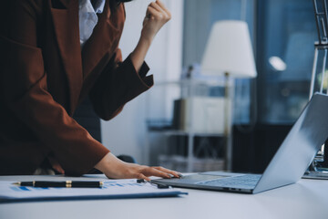 Young attractive businesswoman working on her project with laptop computer in modern office room.