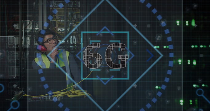 Image of data and 6g text over asian male it engineer with headphones by computer server