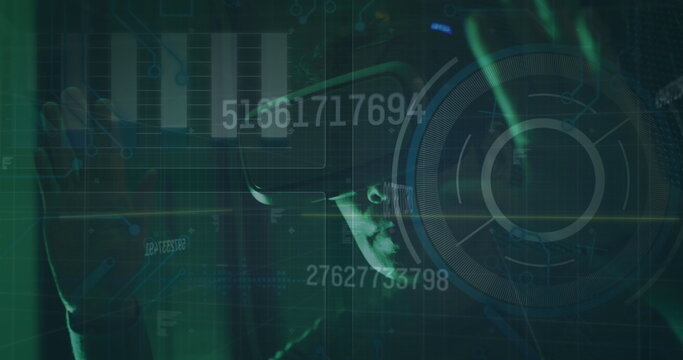 Image of data over asian male it engineer with vr headset by computer server