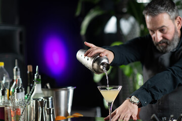 Barman Expertly Pours Ginger Apple Vermouth Cocktail