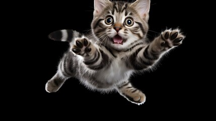 Close up pf funny surprised cat jumping towards isolated on black background