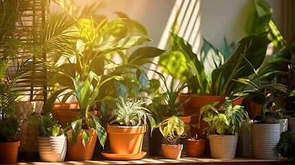 Collection of various home plants in home interior design. Home greenery with sunlight, hobby concept