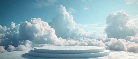 Pristine white podium set against an expansive cloudscape, offering a tranquil platform above the heavens