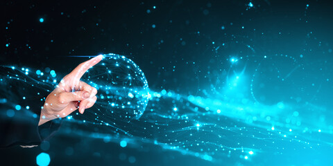 Woman finger touch earth sphere, virtual world. Ai generative illustration