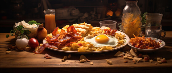 Breakfast with eggs, bacon, and hash browns panorama. - obrazy, fototapety, plakaty
