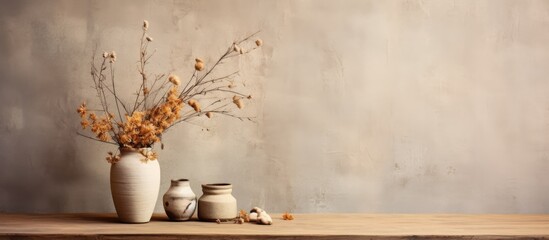 A beautiful flowerfilled vase decorates the wooden table, adding a touch of nature to the room with its dried flowers and twigs - obrazy, fototapety, plakaty