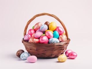 A basket filled with colorful chocolate eggs isolated background pastel