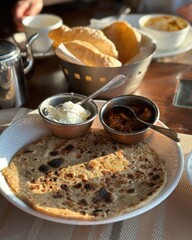 Homemade crepes with cottage cheese and raisins on a wooden table