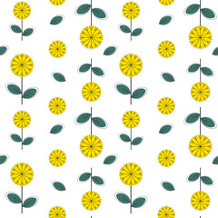 Spring colorful vector illustration with dandelion. Design for fabric, textile, paper. Holiday print for Easter, Birthday, 8 March. Flowers with leaves.