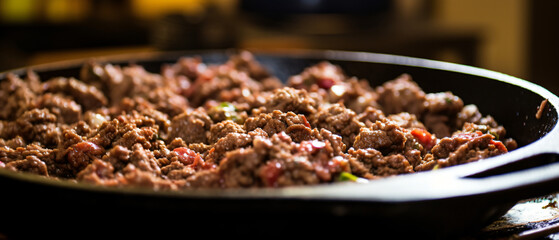 Browned ground beef in cast iron skillet.